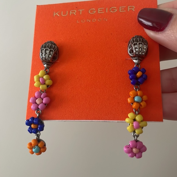 Kurt Geiger London Beaded Colorful Flower Drop Dangly Silver Eagle Head Earrings - Picture 11 of 11